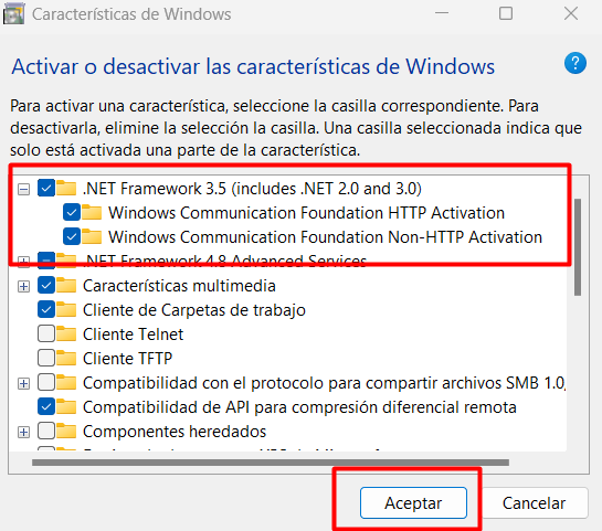 Ventana Características de Windows con la casilla .NET Framework 3.5 marcada