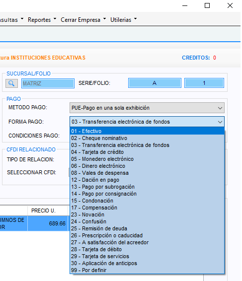 Lista Forma de pago desplegada con las claves del SAT, de 01-Efectivo a 99-Por definir