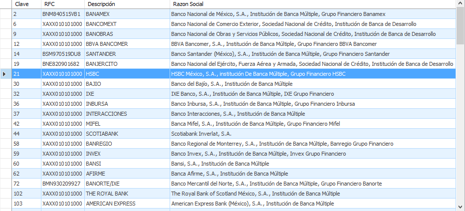 Catálogo de bancos con las columnas Clave, RFC, Descripción y Razón Social; varios bancos traen el RFC genérico XAXX010101000