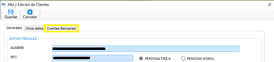 Ventana Alta y Edición de Clientes con la pestaña Cuentas Bancarias resaltada