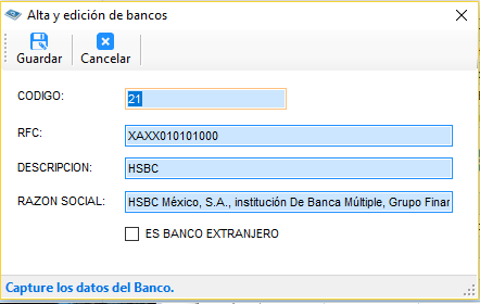 Ventana Alta y edición de bancos con el código, el RFC, la descripción HSBC y la razón social