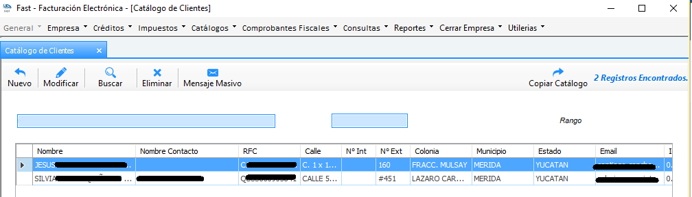 Catálogo de Clientes con dos registros y sus datos personales tachados