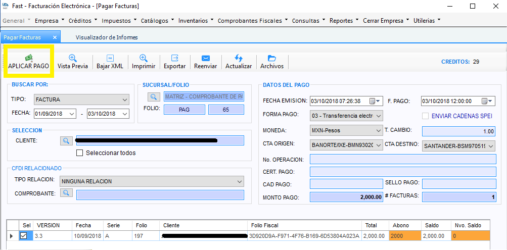 Pantalla Pagar Facturas con las cuentas origen y destino ya elegidas y el botón APLICAR PAGO resaltado