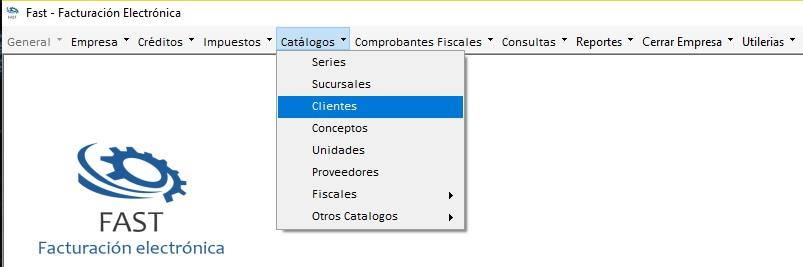 Menú Catálogos desplegado con la opción Clientes resaltada