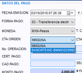 Lista Cta origen desplegada con la cuenta de Banorte ya registrada