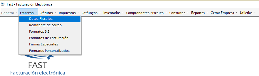 Menú Empresa desplegado con la opción Datos Fiscales resaltada
