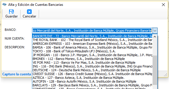 Lista Banco desplegada en la ventana Alta y Edición de Cuentas Bancarias, con los bancos y su clave del SAT
