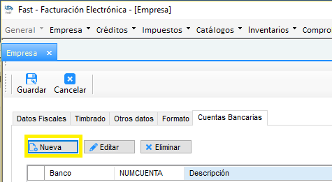 Pestaña Cuentas Bancarias de la empresa con el botón Nueva resaltado