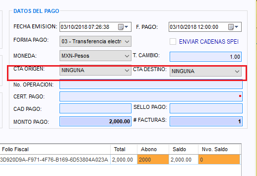 Bloque Datos del pago con los campos Cta origen y Cta destino señalados en rojo