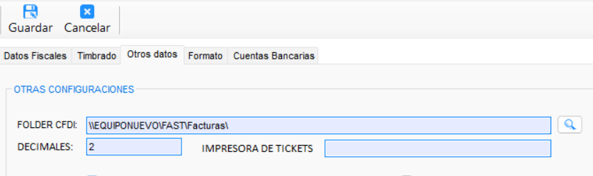 Pestaña Otros datos con FOLDER CFDI apuntando a la carpeta compartida del servidor nuevo