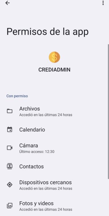 Permisos de CrediAdmin para archivos, calendario, cámara, contactos y dispositivos cercanos