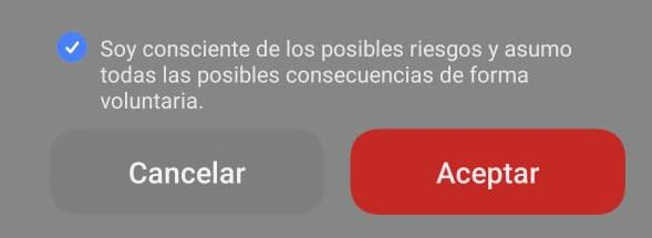 Advertencia de seguridad de Android con los botones Cancelar y Aceptar