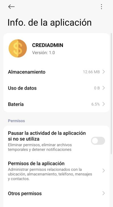 Información de la aplicación CrediAdmin con el apartado de permisos