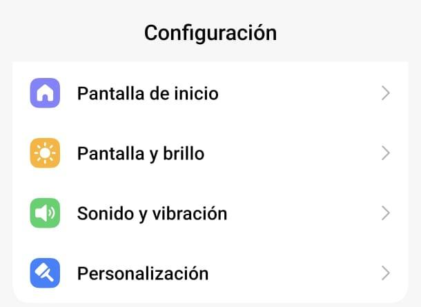 Pantalla Configuración de Android