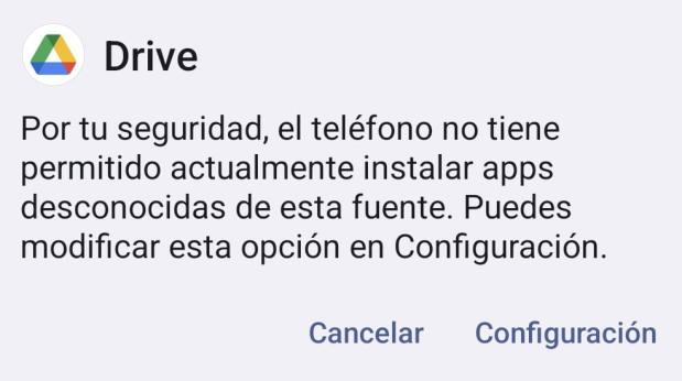 Aviso de Android que bloquea la instalación desde una fuente no permitida y ofrece abrir Configuración