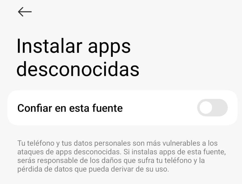 Pantalla Instalar apps desconocidas con el interruptor Confiar en esta fuente
