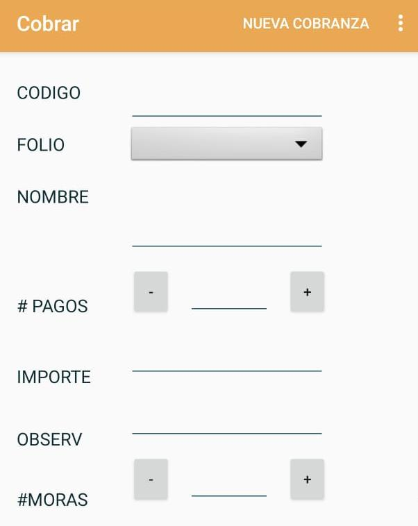 Formulario de cobranza manual con Código, Folio, Nombre, número de pagos e Importe