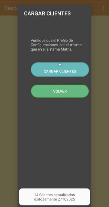 Confirmación Cargar clientes con el mensaje de actualización completada