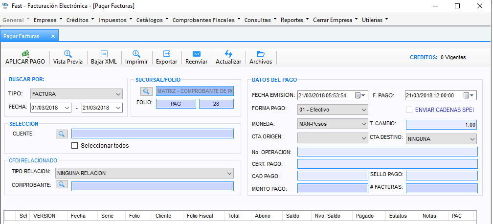 Pantalla Pagar Facturas con los bloques Buscar por, Sucursal/Folio, Datos del pago y la tabla de facturas todavía vacía