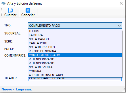 Lista Tipo de la ventana Alta y Edición de Series desplegada, con COMPLEMENTO PAGO seleccionado entre Factura, Nota Cargo, Carta Porte y las demás