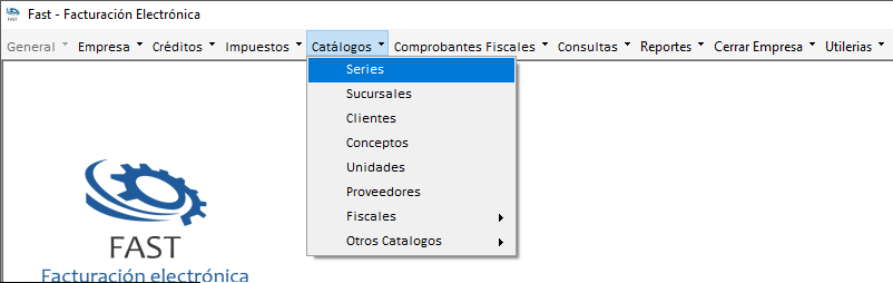 Menú Catálogos desplegado con la opción Series resaltada