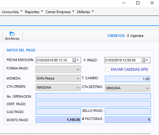 Bloque Datos del pago con fecha de emisión, fecha de pago, forma de pago, moneda, cuentas origen y destino, y el monto del pago de 1,160.00