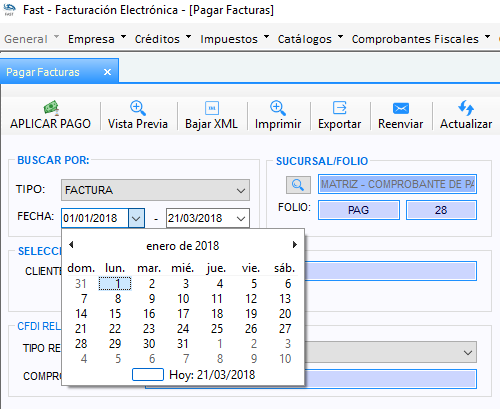 Calendario desplegado sobre el campo Fecha para acotar el rango de búsqueda de facturas