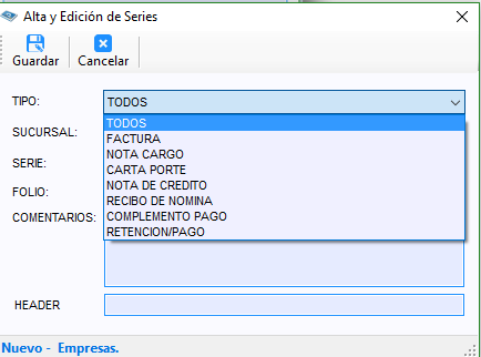 Ventana de alta de serie con los campos Tipo, Serie, Folio y Comentarios