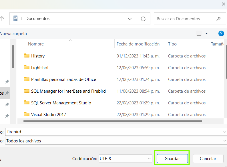Cuadro Guardar como del Bloc de notas apuntando a Documentos, con el nombre firebird y el tipo Todos los archivos