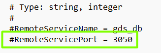 Línea #RemoteServicePort = 3050 dentro de firebird.conf, todavía comentada con el signo de número