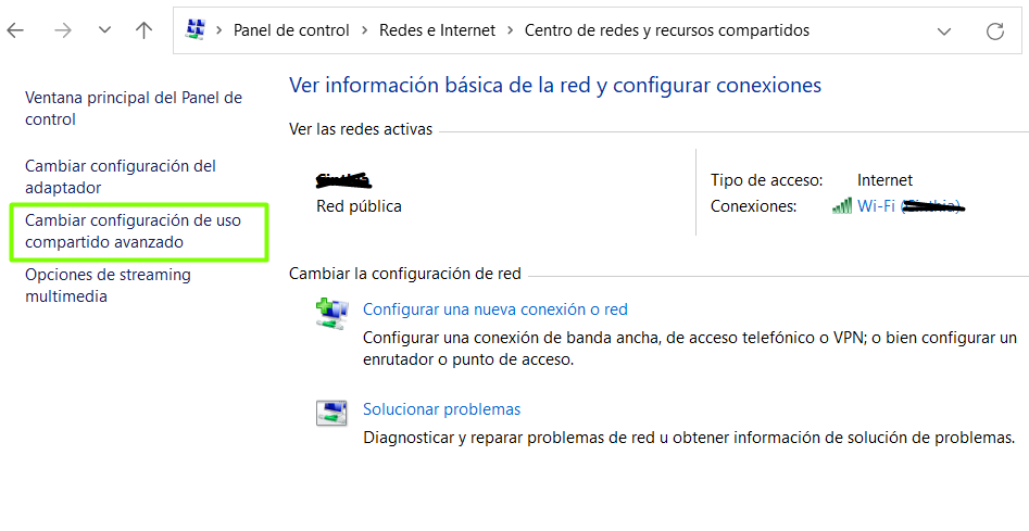 Centro de redes y recursos compartidos en el Panel de control