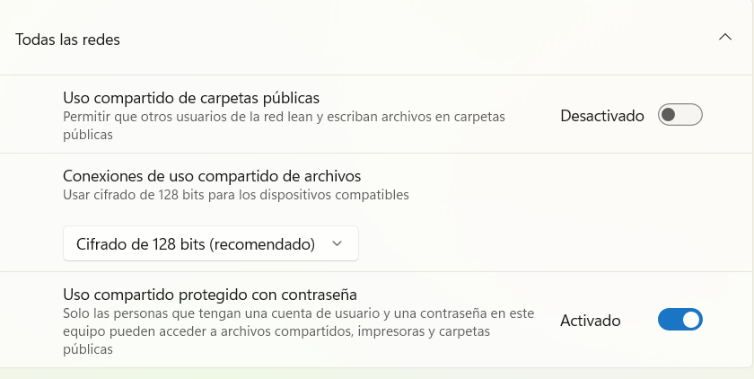 Opción Uso compartido protegido con contraseña