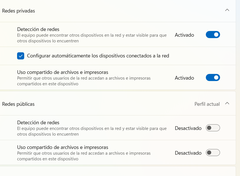 Opciones de Detección de redes y Uso compartido de archivos e impresoras, según la red sea pública o privada