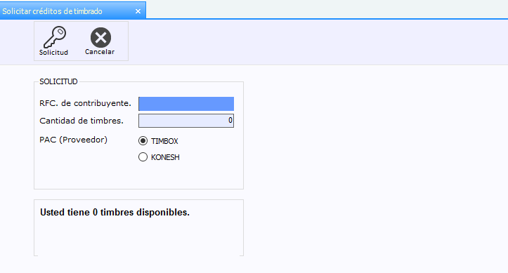 Captura de la cantidad de timbres y el icono de llave para generar la solicitud