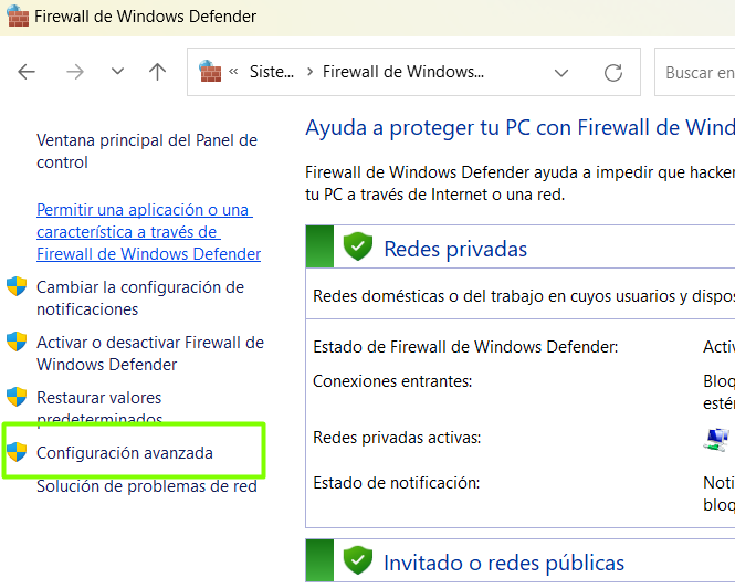 Firewall de Windows Defender con la opción Configuración avanzada resaltada en el menú lateral
