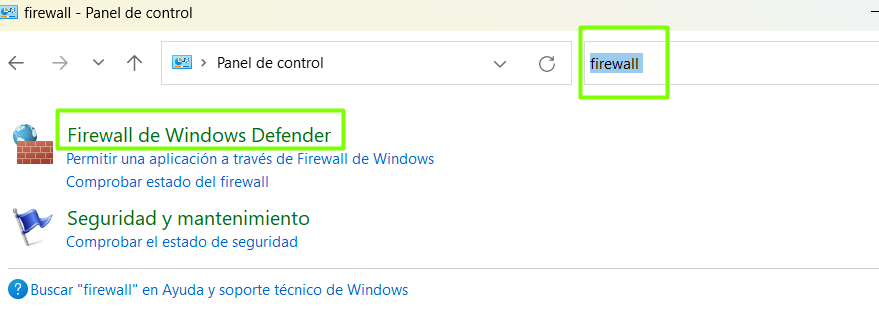 Panel de control con la búsqueda firewall y el resultado Firewall de Windows Defender resaltado
