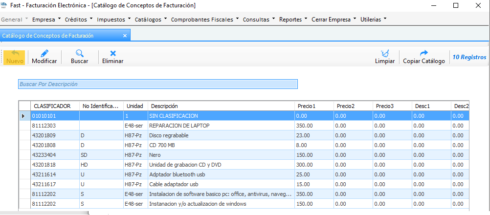 Catálogo de Conceptos de Facturación con diez registros y el botón Nuevo resaltado