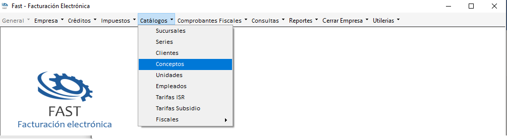 Menú Catálogos desplegado con la opción Conceptos resaltada