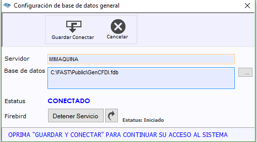 Pantalla Configuración de Base de Datos General, con los campos Servidor, Base de datos, Estatus y el botón del servicio Firebird