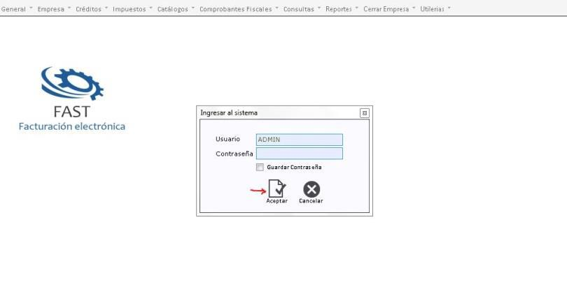 Pantalla de inicio de Fast con el cuadro Ingresar al sistema pidiendo usuario ADMIN y contraseña