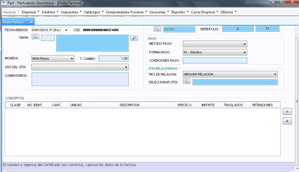 Pantalla Emitir Factura recién abierta, con los bloques Pago, CFDI relacionado y Conceptos todavía vacíos