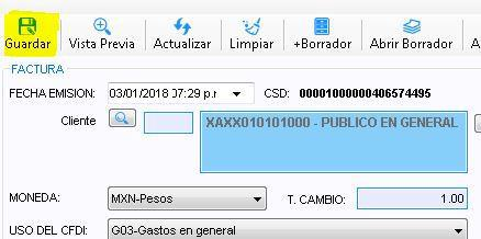 Barra de la factura con los botones Guardar y Vista Previa, y el cliente XAXX010101000 - PUBLICO EN GENERAL capturado