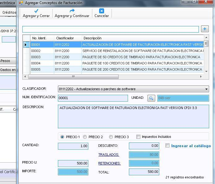 Ventana Agregar Conceptos de Facturación con el catálogo arriba y los campos Clasificador, Num. identificación, Unidad, Descripción y precios abajo
