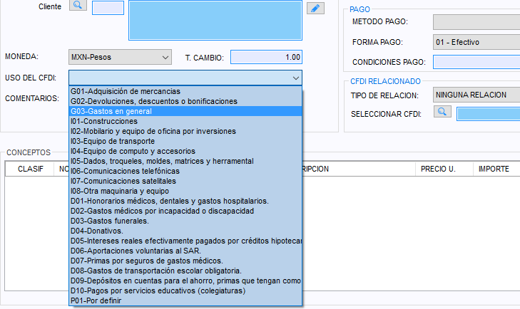 Lista Uso del CFDI desplegada con las claves G01 a G03, I01 a I08, D01 a D10 y P01-Por definir