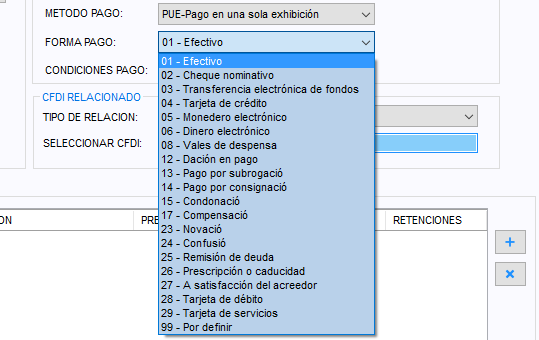 Lista Forma de pago desplegada con 01-Efectivo, 02-Cheque nominativo, 03-Transferencia electrónica de fondos y el resto de las claves del SAT