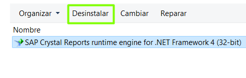 Programas y características con SAP Crystal Reports runtime engine for .NET Framework 4 (32-bit) seleccionado y el botón Desinstalar resaltado