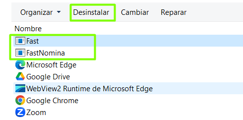 Programas y características de Windows con Fast y FastNomina seleccionados y el botón Desinstalar resaltado
