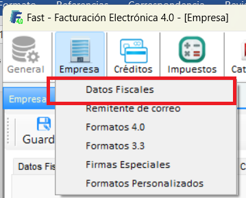 Menú Empresa del sistema Fast con la opción Datos Fiscales resaltada