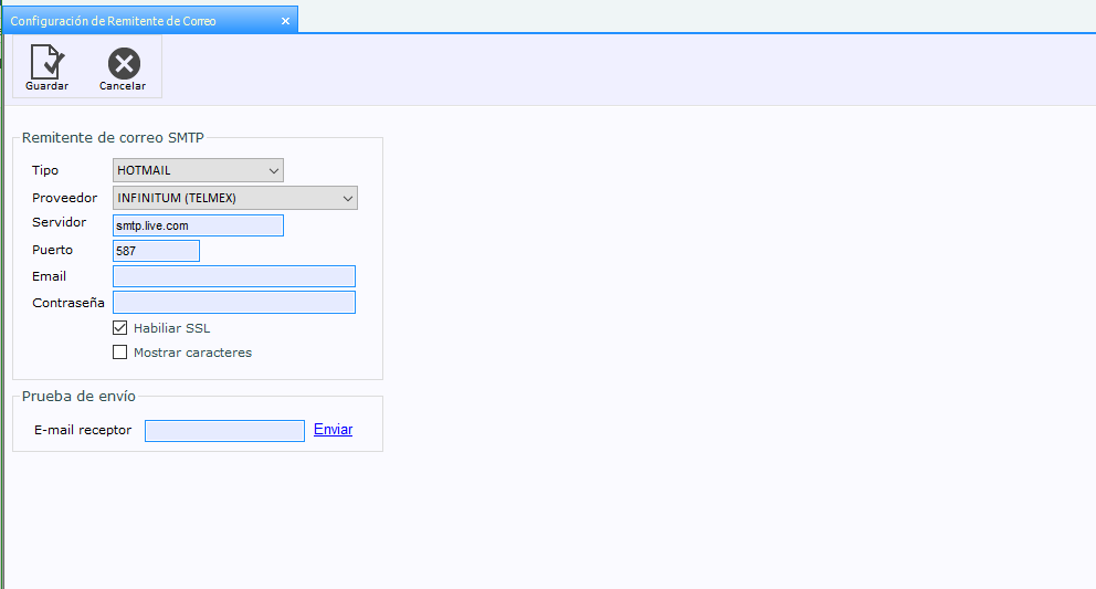 Captura del email y la contraseña del remitente, con la prueba de envío