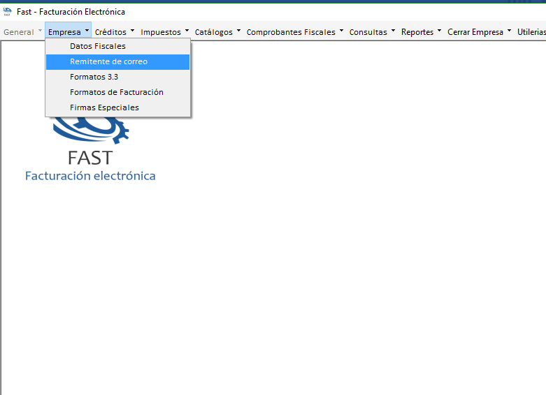 Pantalla Remitente de correo con los campos Tipo de correo, Proveedor, Servidor y Puerto